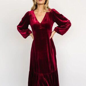 V-Neck Long Sleeve Midi Velvet Dress